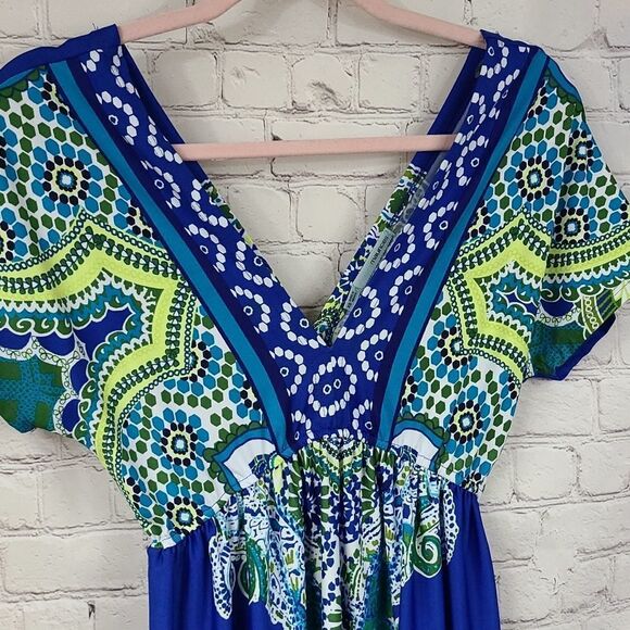 Maurices Vibrant Blue Paisley Print Double V Dolman Sleeve Swim Cover-up Dress - Picture 8 of 12